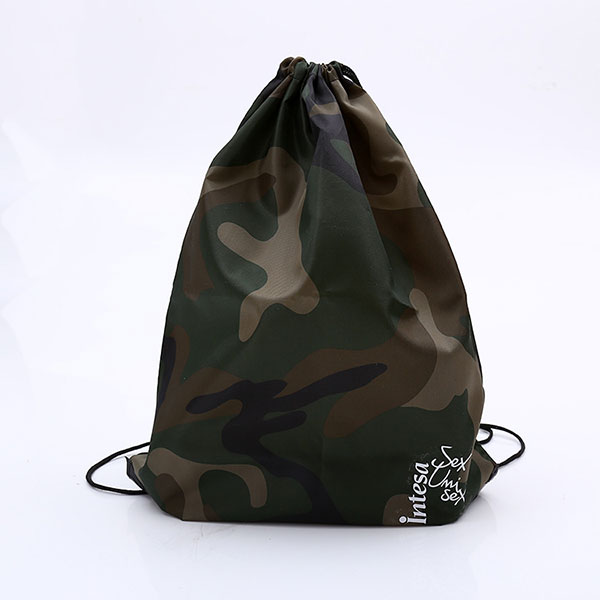 Custom fashional camo printed polyester sport gym drawstring bag